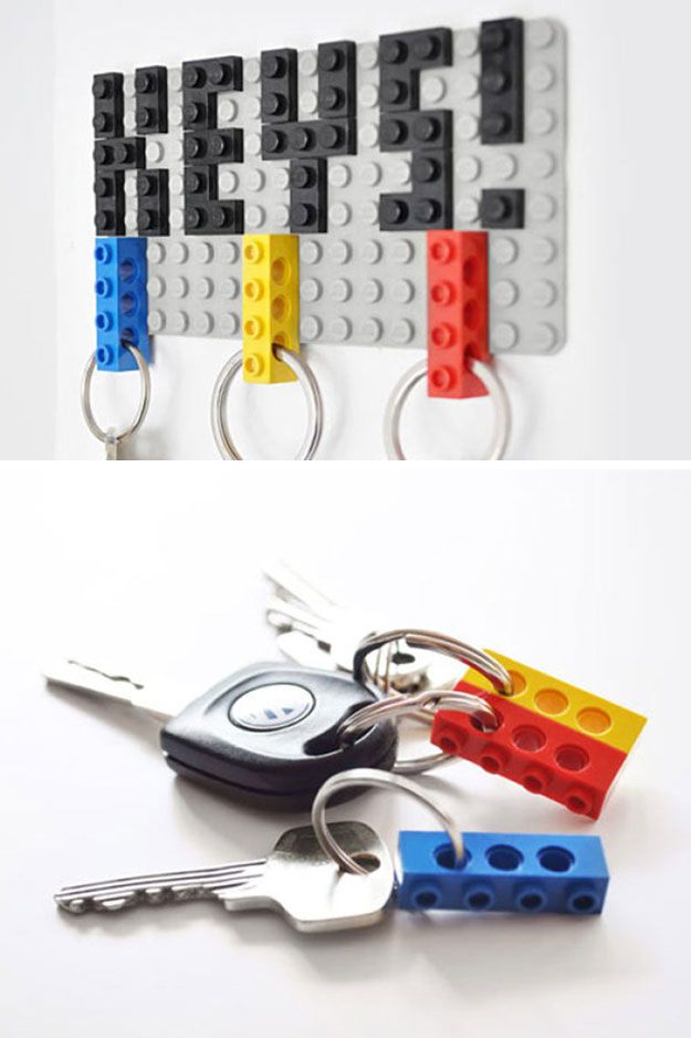 lego keychains with keys attached to them are shown in different colors and sizes