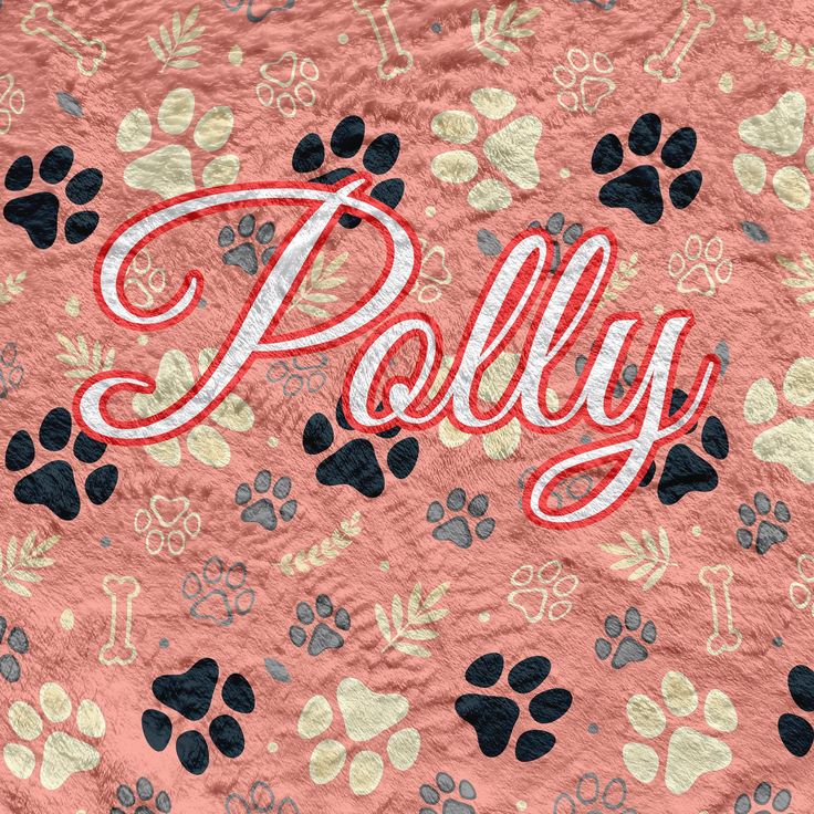 the word polly written in red and black on a pink background with paw prints