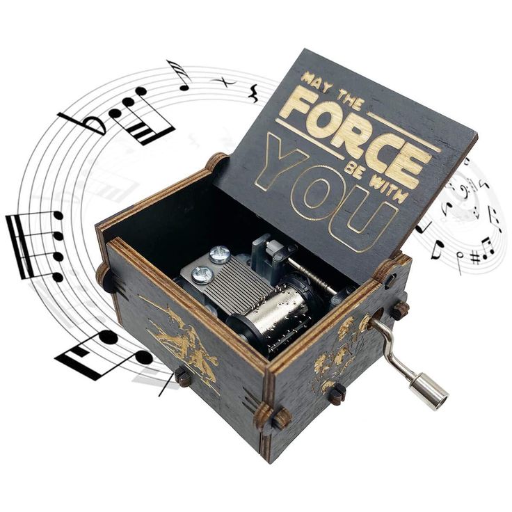 an open box with music notes surrounding it and the words may the force be with you