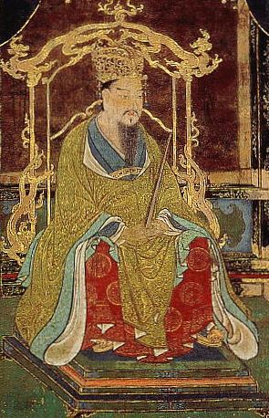 an old painting of a man sitting in a chair with a crown on his head