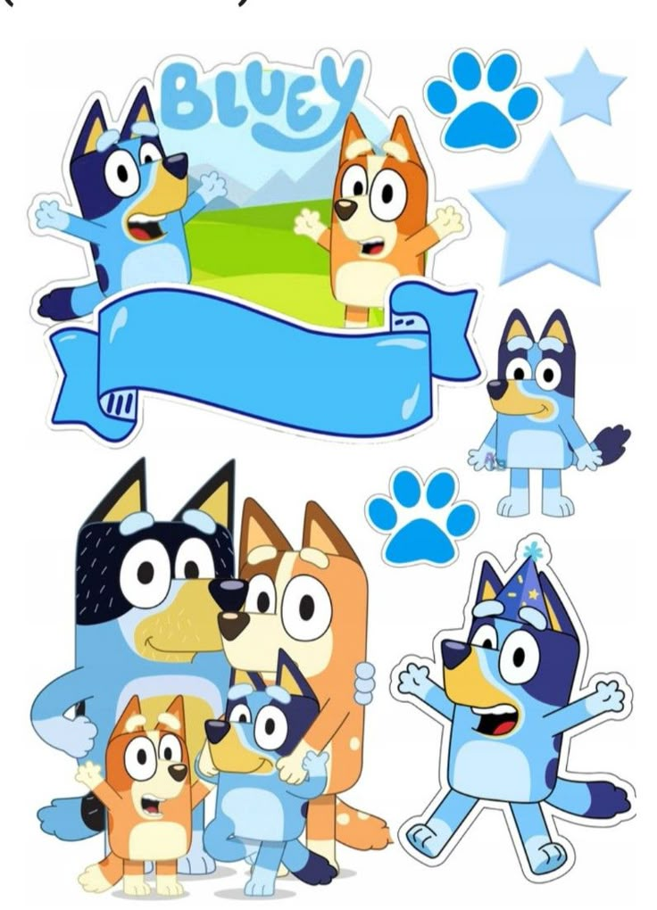 cartoon dog stickers with blue ribbon and stars in the background, including an image of two