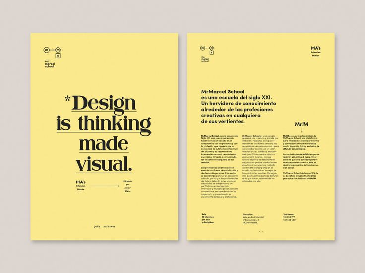 the front and back pages of a book with black lettering on yellow paper, which reads design is thinking made visual