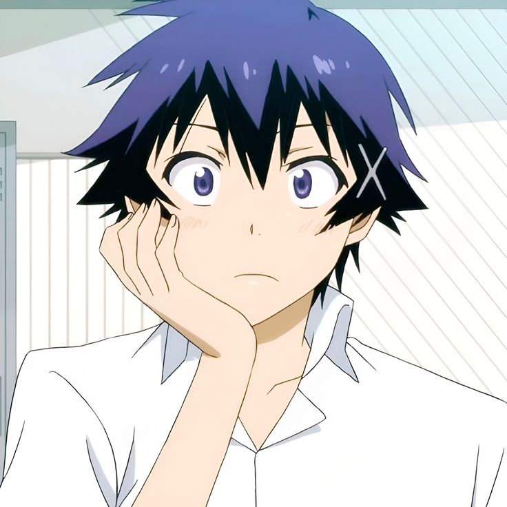 an anime character with blue hair looking at the camera while holding his hand to his face