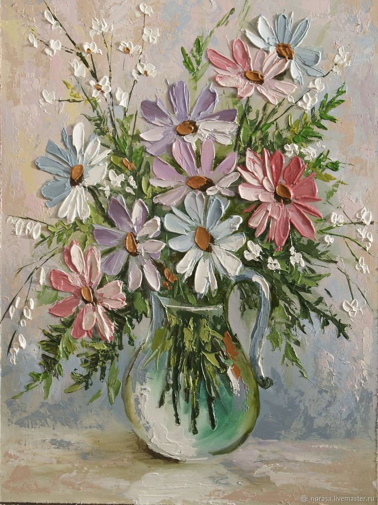 a painting of flowers in a green vase on a table with pink, white and blue flowers