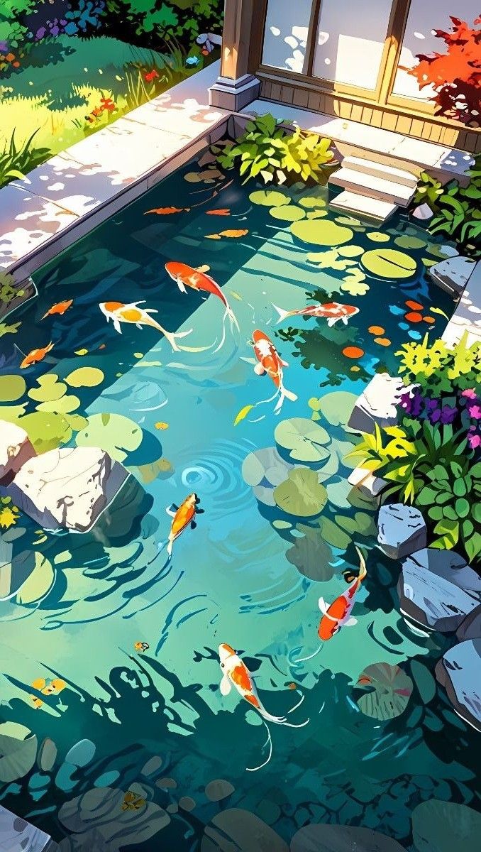 a painting of koi fish swimming in a pond with rocks and plants around it