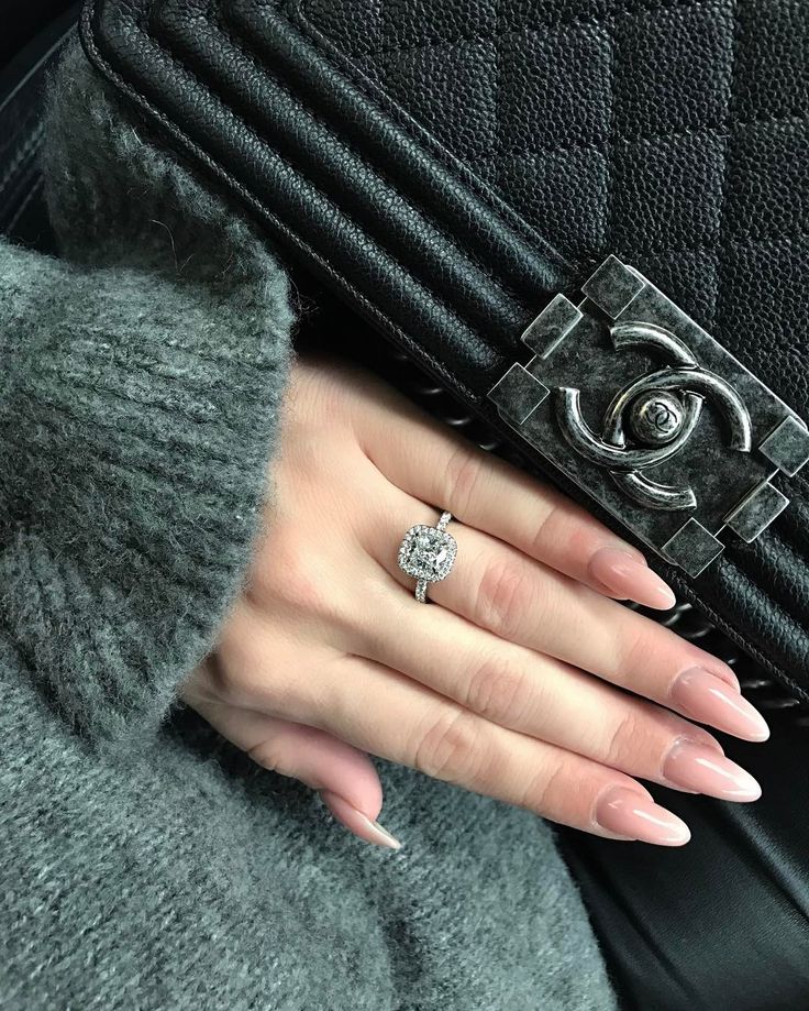 a woman's hand with a ring on it and a chanel bag in the background