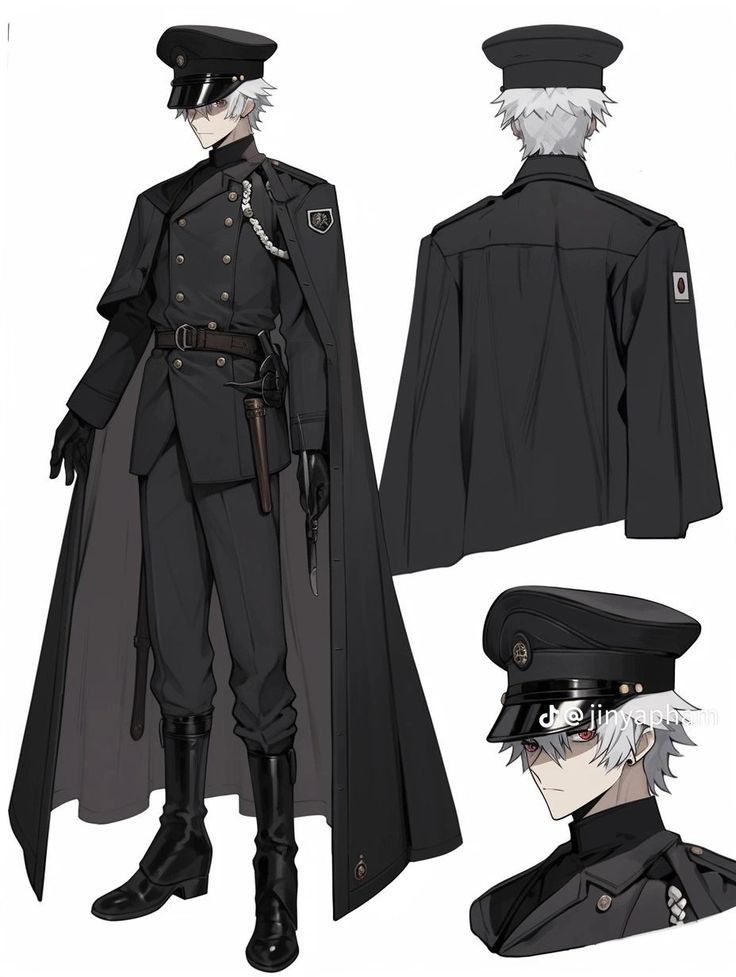 an anime character with white hair and black clothes, standing next to another character in uniform