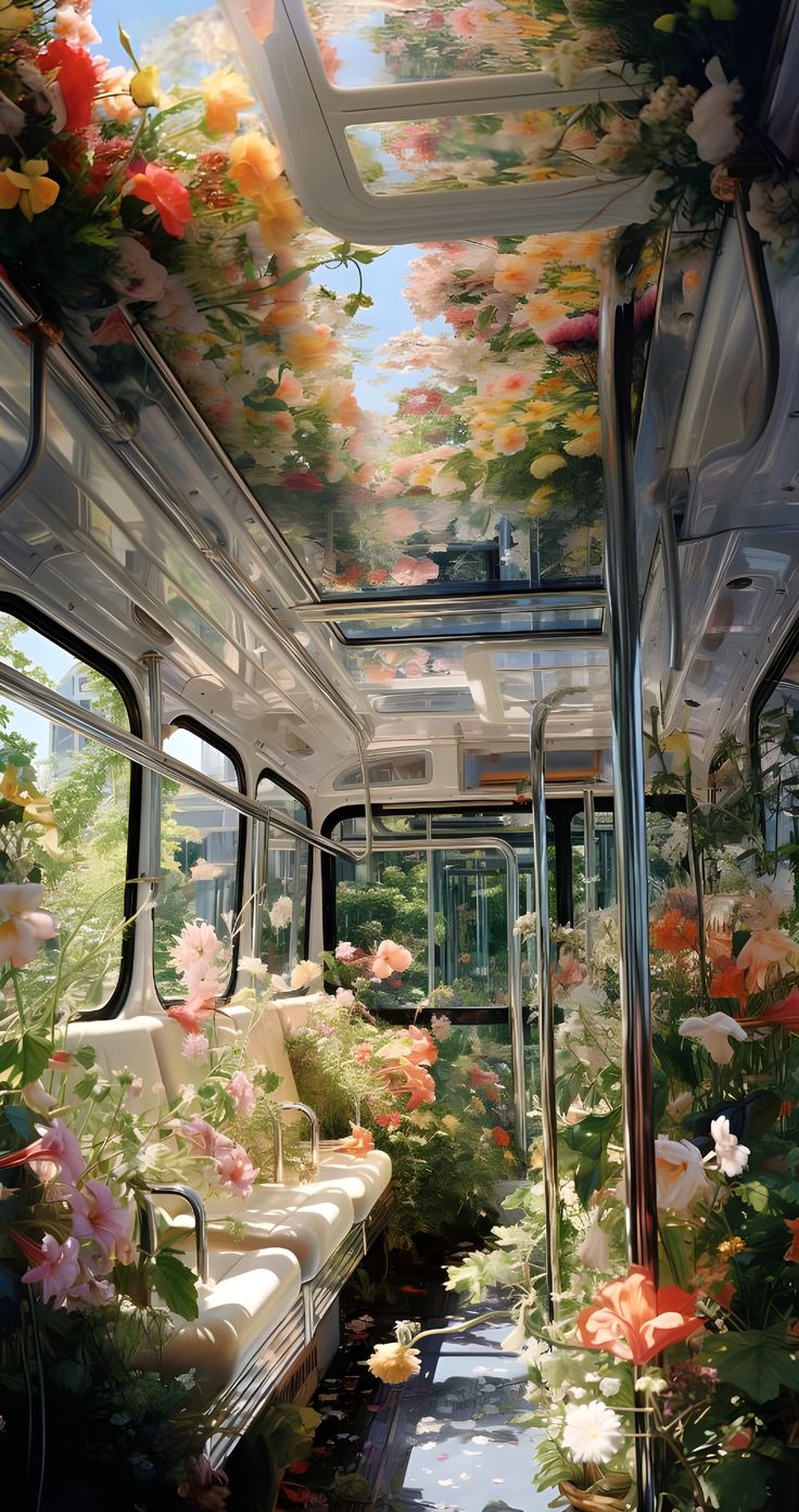 the interior of a bus with flowers on the ceiling and windows painted in bright colors