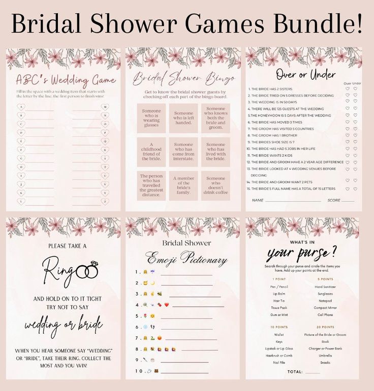 the bridal shower games bundle is shown with pink flowers and greenery on it