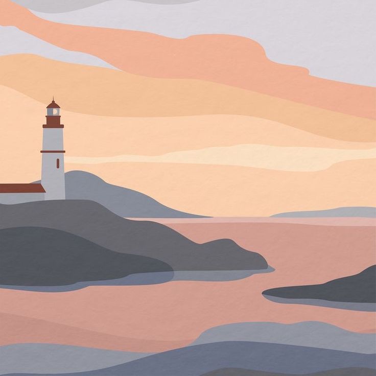 a painting of a lighthouse in the middle of some water with mountains and clouds behind it