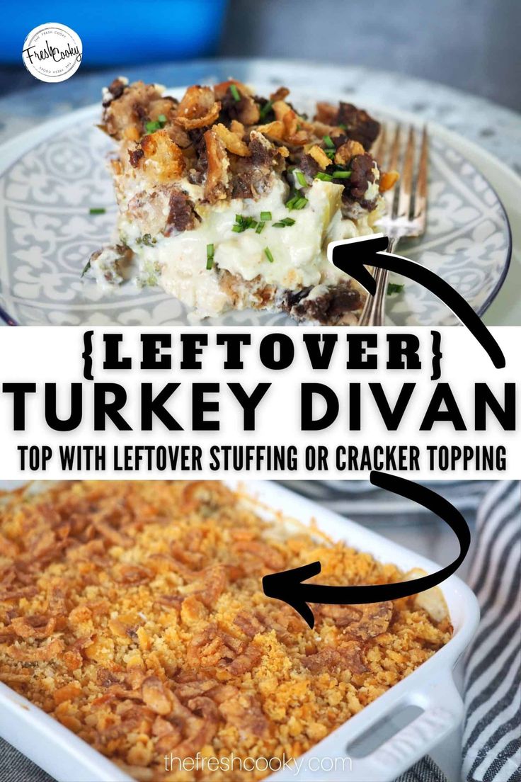 a close up of a plate of food with the words leftover turkey divan on it