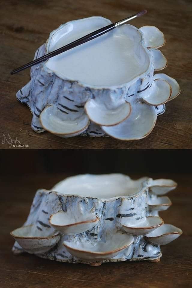 two pictures of the same bowl with paintbrushes in it, and one has been made out of porcelain