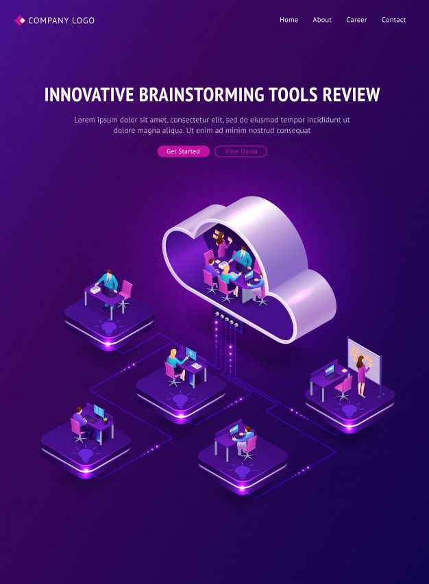 the company's website design is shown in purple and blue, with people working on computers