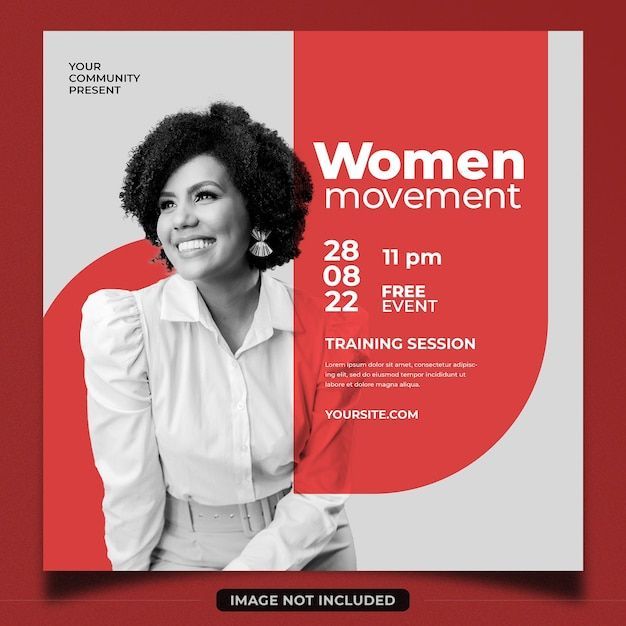 a women's movement flyer with an image of a woman in white shirt and red background