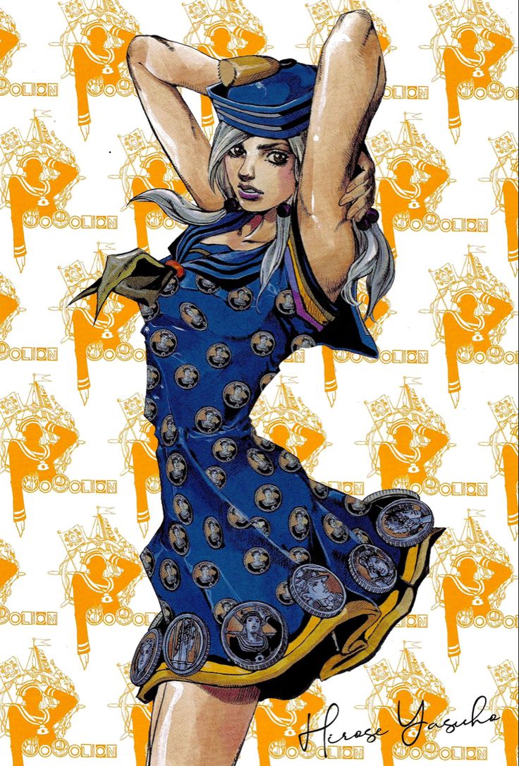 a drawing of a woman in a blue dress and hat with her arms behind her head