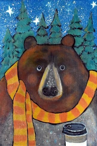 a painting of a bear wearing a scarf and holding a coffee cup in front of trees