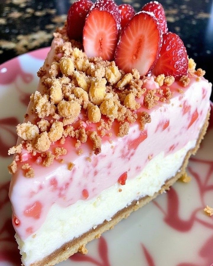 a piece of cheesecake with strawberries and crumbs on top sits on a plate