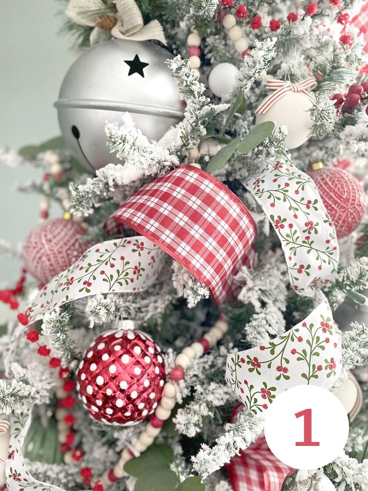 a christmas tree decorated with ornaments and ribbons