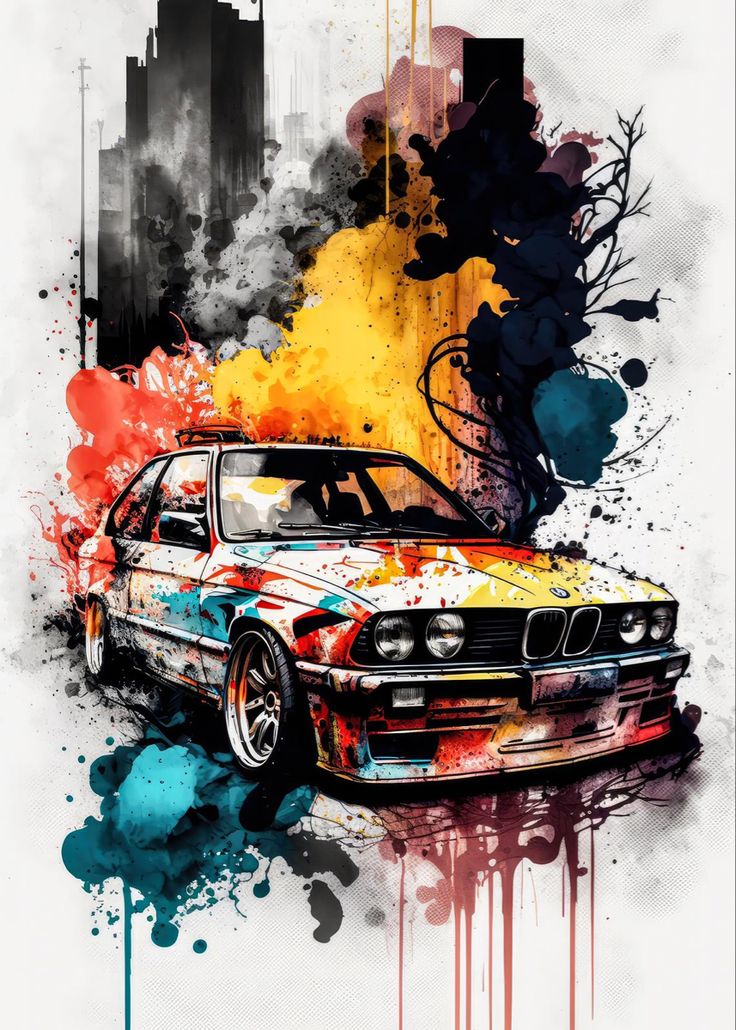 an artistic painting of a car with paint splattered on it