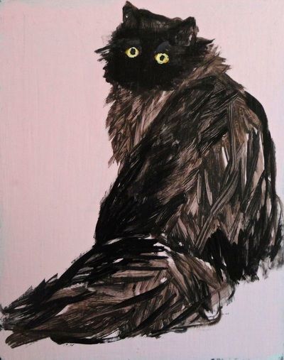 a painting of a black cat with yellow eyes