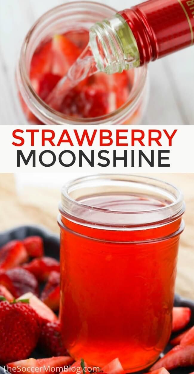 strawberry jam in a mason jar with strawberries on the side and text overlay