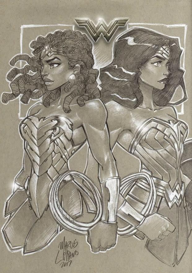 a pencil drawing of two women in wonder and wondergirl costumes