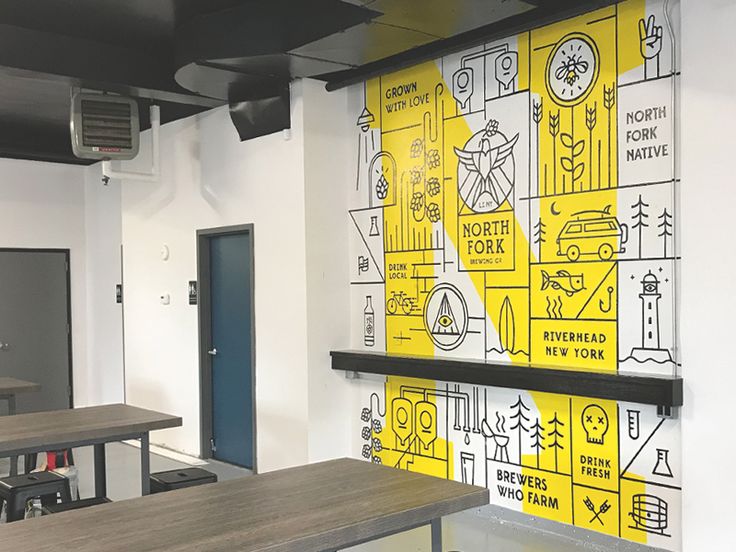 a yellow and white wall in a room with two wooden tables, one on the other side