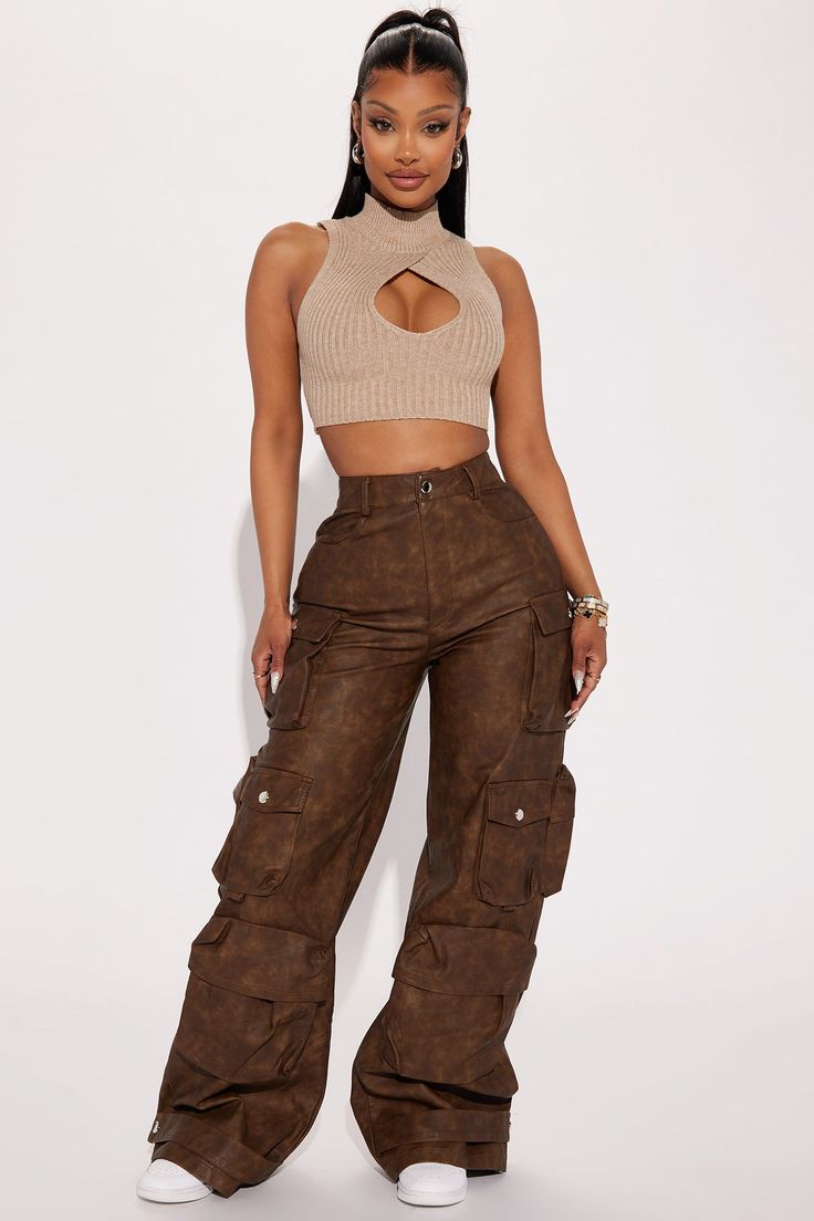 Available In Brown. Cargo Pant High Rise Button Zipper Closure Utility Pockets 2 Back Pockets Wide Leg Washed Faux Leather Non Stretch Disclaimer: To Keep The Aesthetic Of This Garment, Please Follow The Care Instructions Carefully. 100% Polyester Coated With Polyurethane Imported | Weekend Warrior Washed Faux Leather Cargo Pant in Brown size 3X by Fashion Nova Fashion Nova Outfits, Sweater Jumpsuit, Utility Pockets, Weekend Warrior, Cargo Pant, Fall Fashion Outfits, Bottom Clothes, Brown Fashion, Matching Dresses