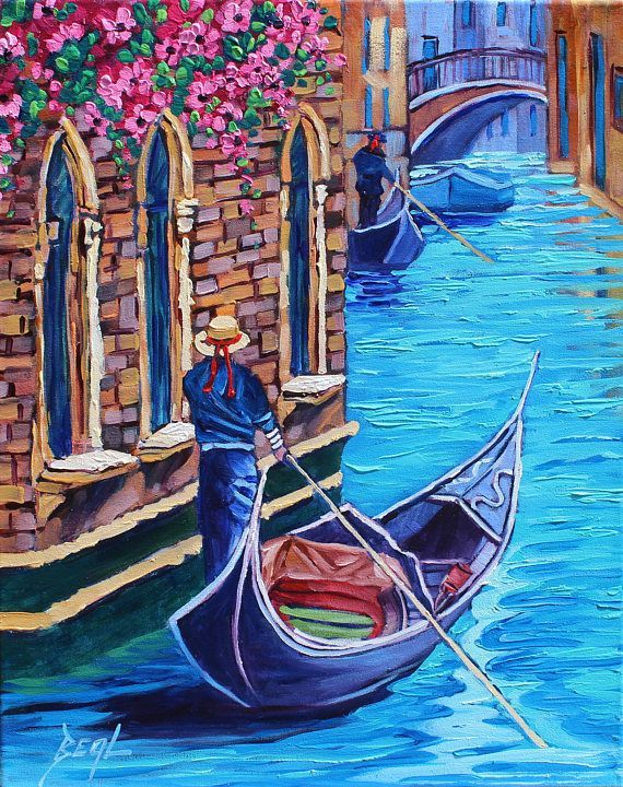 a painting of a gondola on a canal with pink flowers in the background