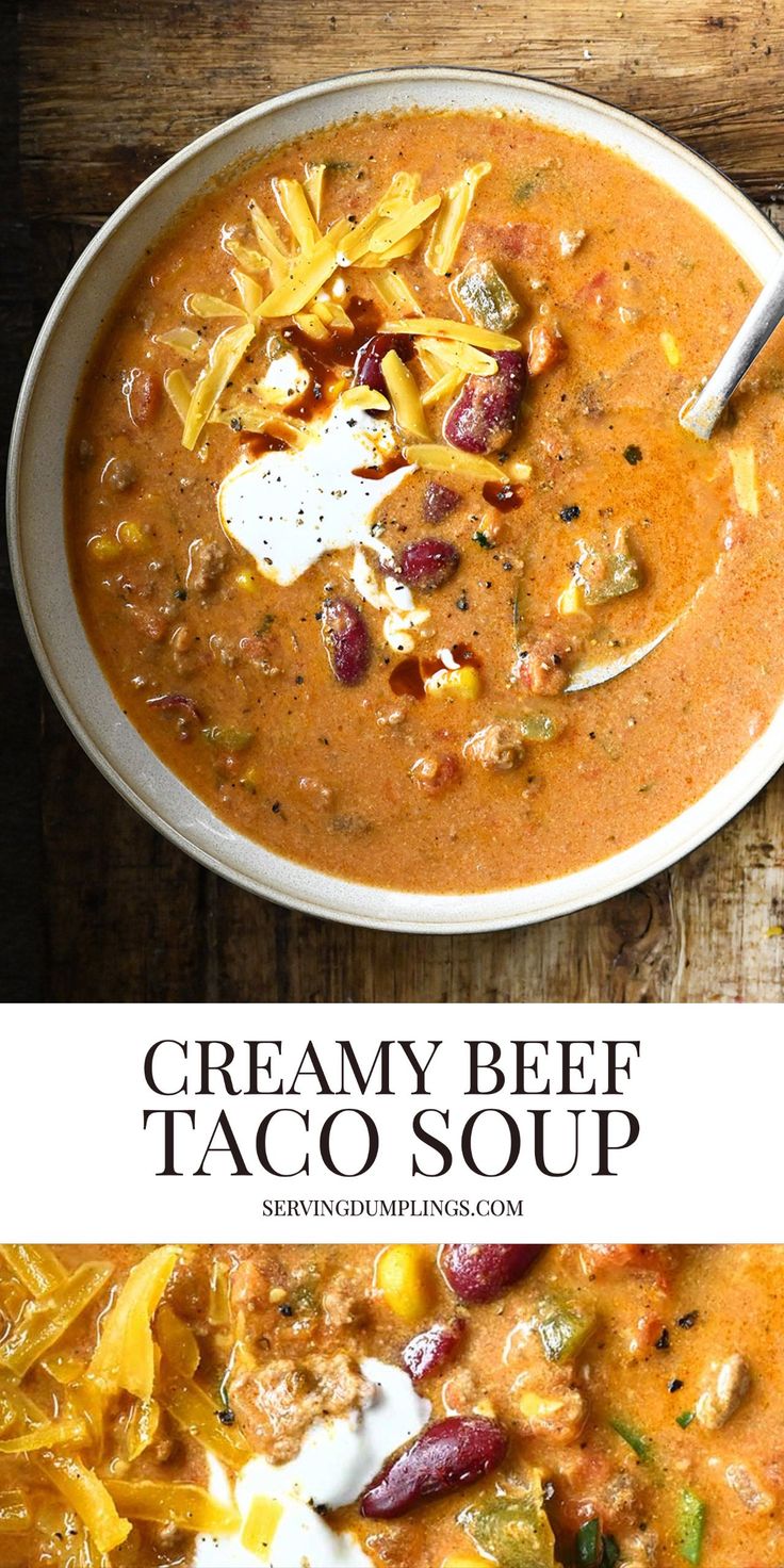 creamy beef taco soup in a white bowl on a wooden table with text overlay