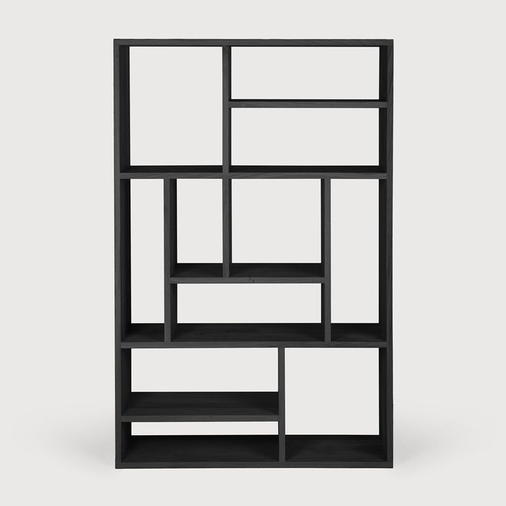 a black bookcase with four shelves on each side