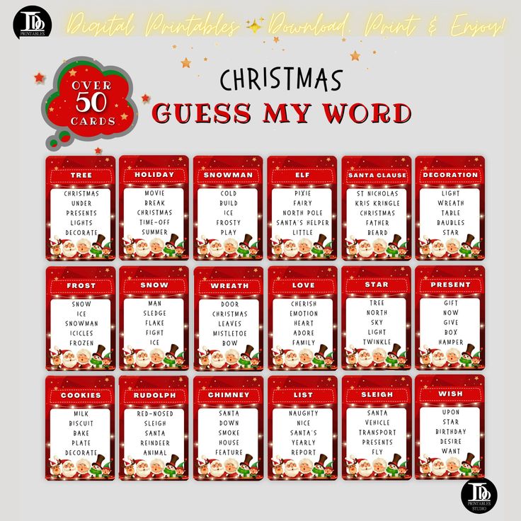 the christmas guess my word game is shown in red and white with santa's hat on