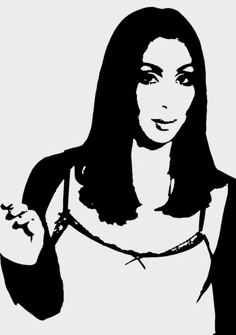 a black and white drawing of a woman with long hair holding her hand out to the side