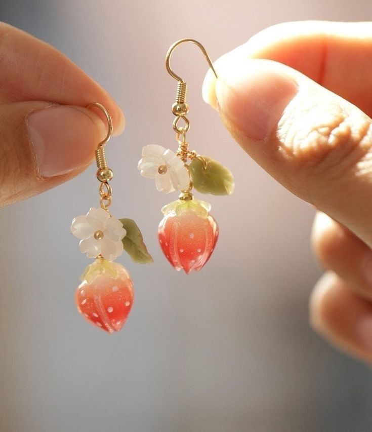 Cute Fun Earrings, Cute Earing, Strawberry Accessories, Cottage Core Earrings, Cottagecore Accessories, Whimsical Earrings, Earrings Cottagecore, Cottagecore Earrings, Cottagecore Gifts