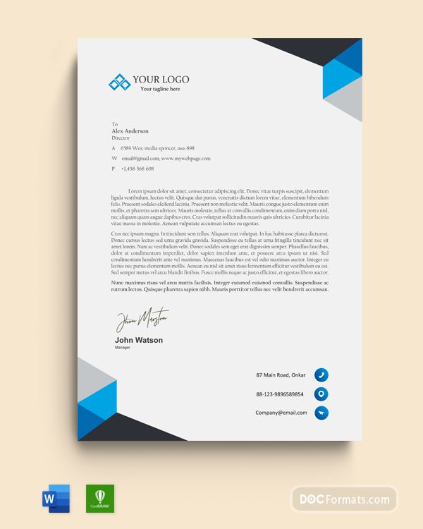 a letterhead with blue and gray shapes on it