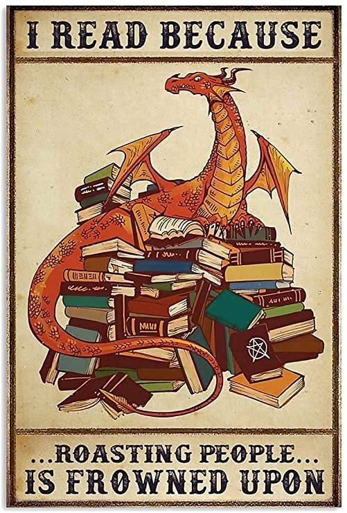 a dragon sitting on top of books with the words read because roasting people is thrown upon