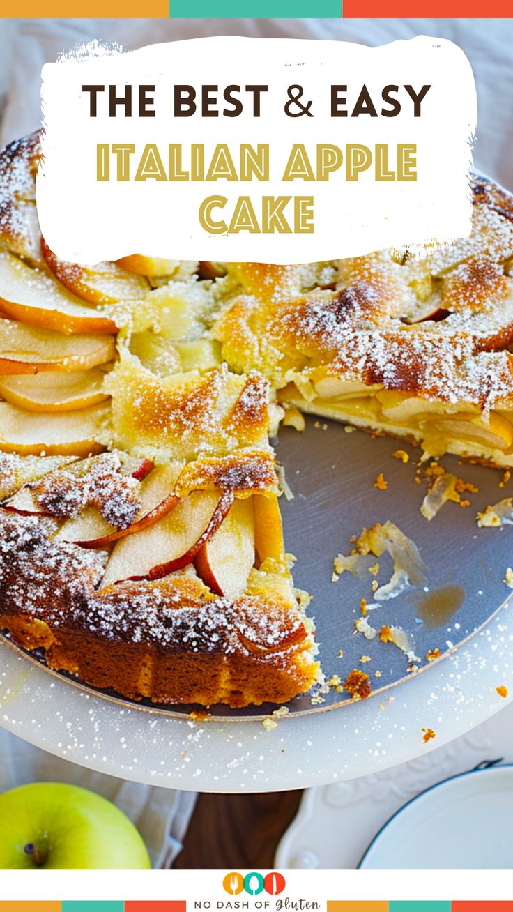 the best and easy italian apple cake with powdered sugar on top is ready to be eaten