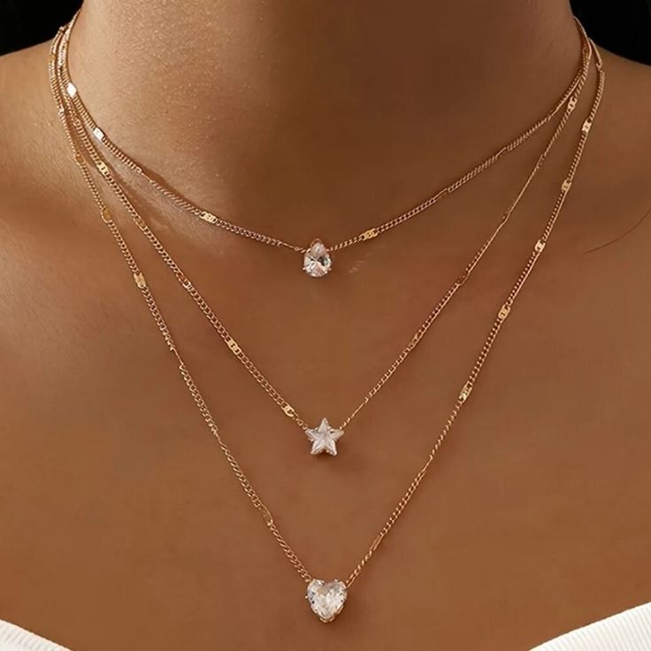 Multilayer Water Drop Love Star Rhinestone Pendant Clavicle Chain Necklace For Women. - Golden Plated. - Luxury Style Fine Jewelry. Fantastic World, Hari Valentine, Multi Layer Necklace, Moon Pendant Necklace, Rhinestone Heart, Star Jewelry, Stone Pendant Necklace, Girls Necklaces, Luxury Style