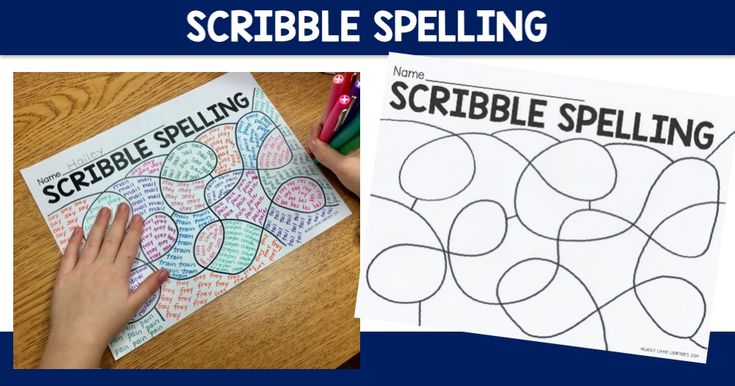 two pictures with the words scribble spelling and an image of a person's hand