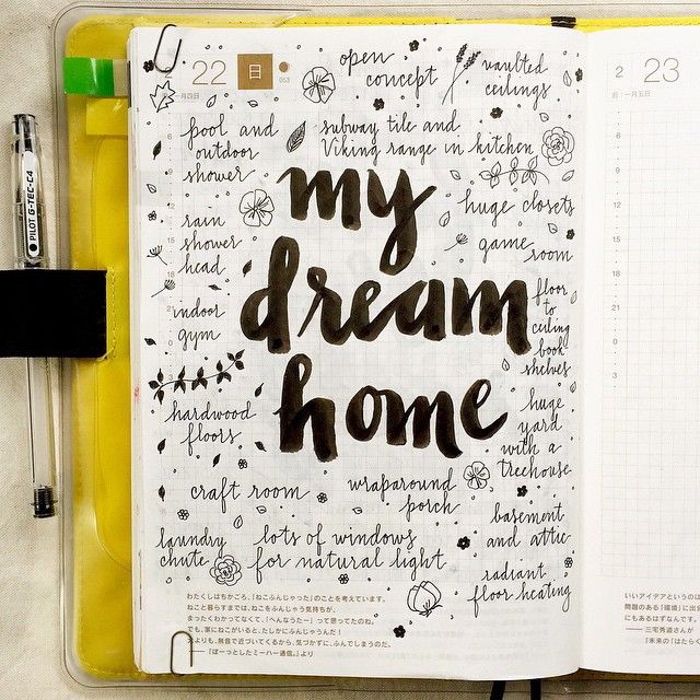 an open notebook with the words my dream home written in cursive writing on it