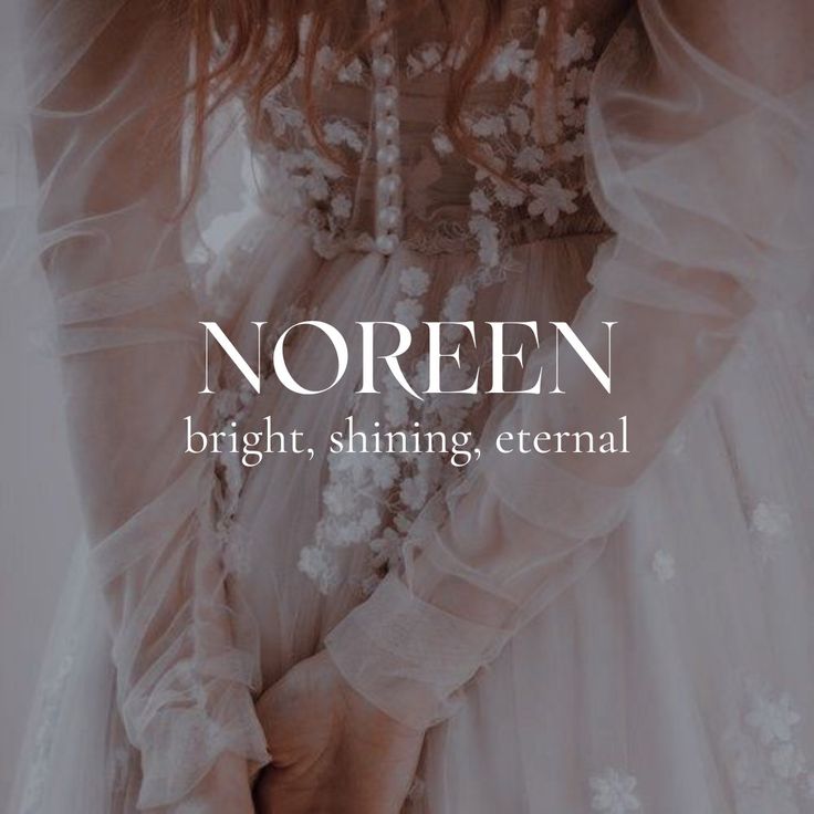 a woman in a white dress with the words noren bright, shining, eternal