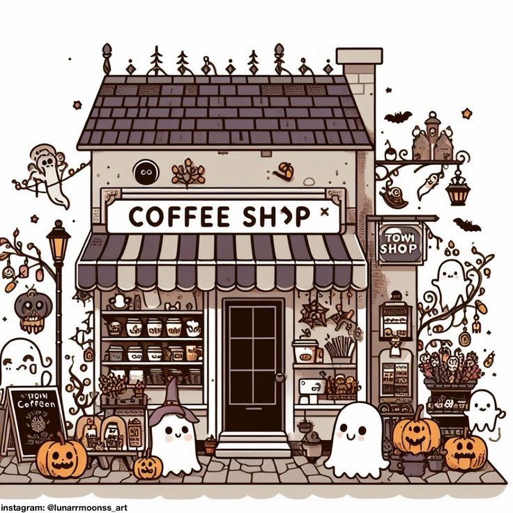 a coffee shop with halloween decorations around it