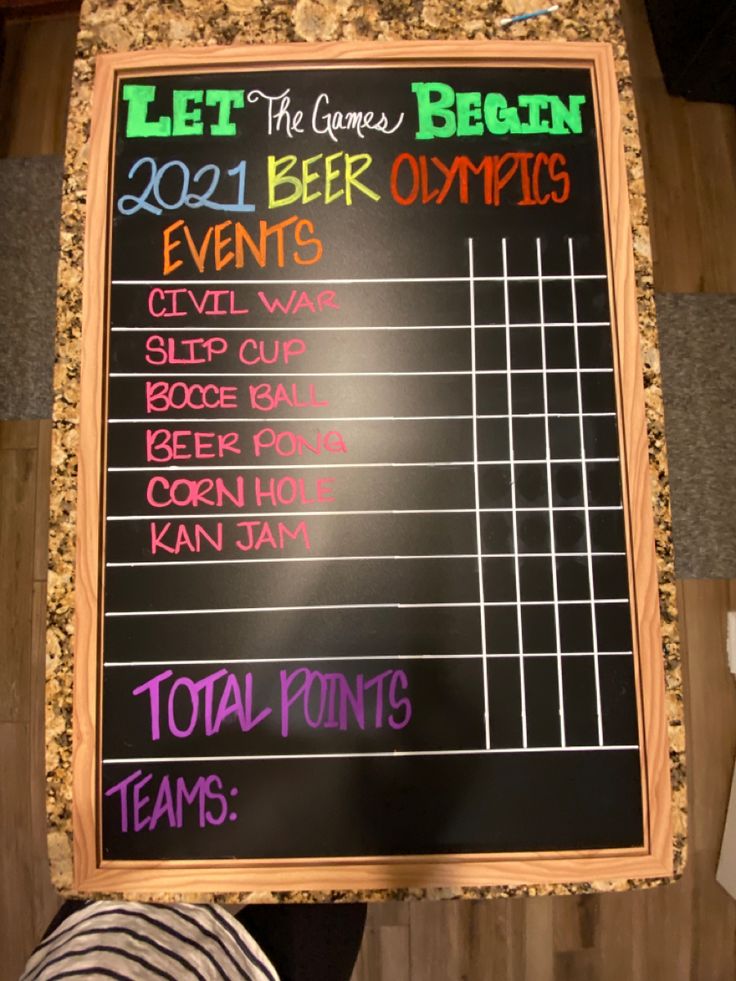 a chalkboard sign with the words let the games begin and beer olympics written on it