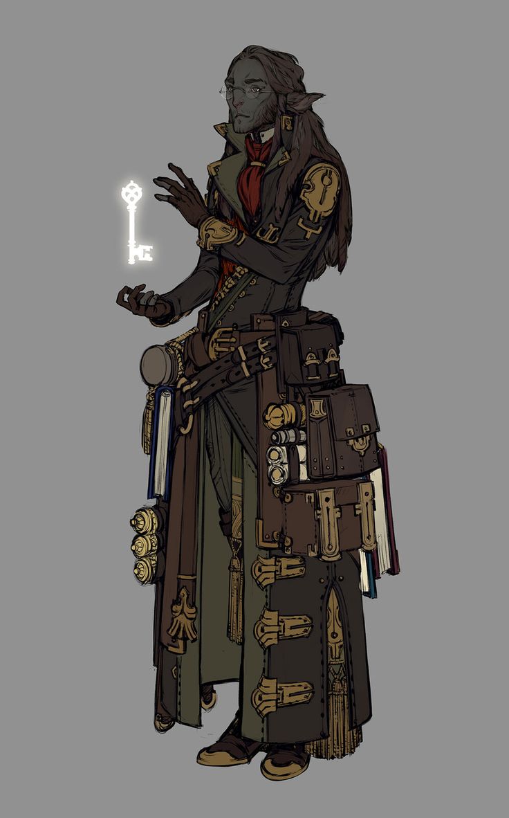 a drawing of a person dressed in steampunk clothing and holding a skeleton key