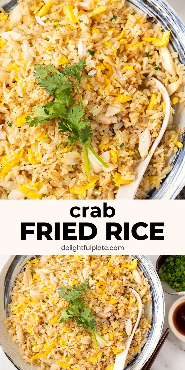 crab fried rice in a bowl with spoons and garnishes on the side