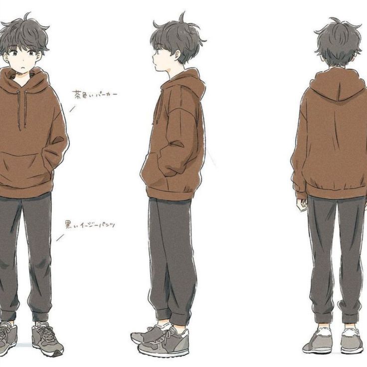 three different views of an anime boy in brown hoodie and sweatpants with his back turned to the camera