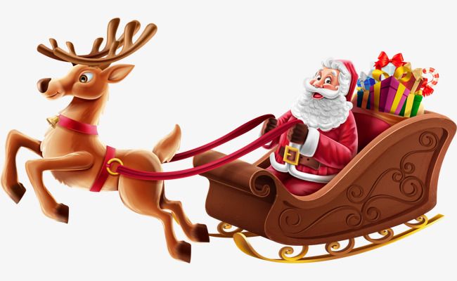 santa claus riding in a sleigh with reindeers and presents on his back