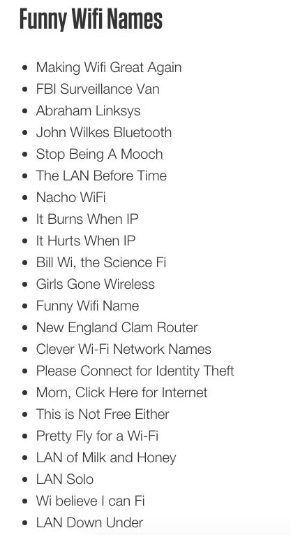 an image of funny wifi names on a cell phone screen with the text'funny wifi names'above it