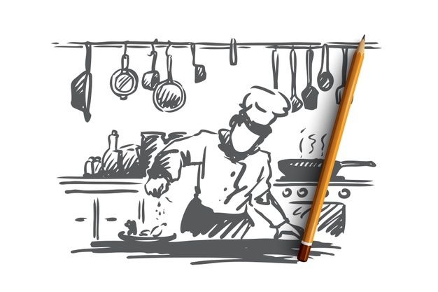 a drawing of a chef in the kitchen