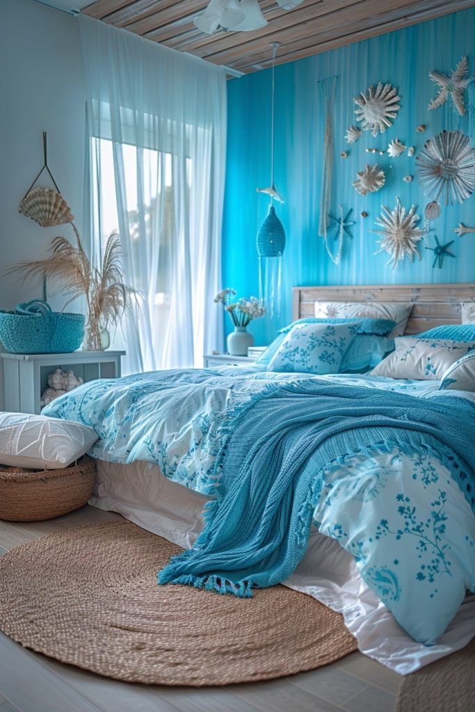 a bedroom decorated in blue and white colors